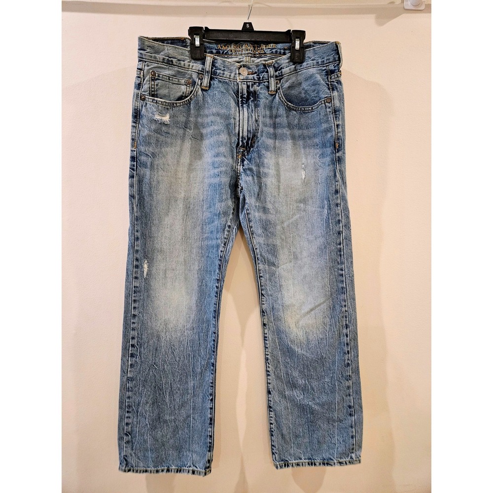 American Eagle Original Boot Jeans Mens 33x30 Light Wash Blue Denim Distressed